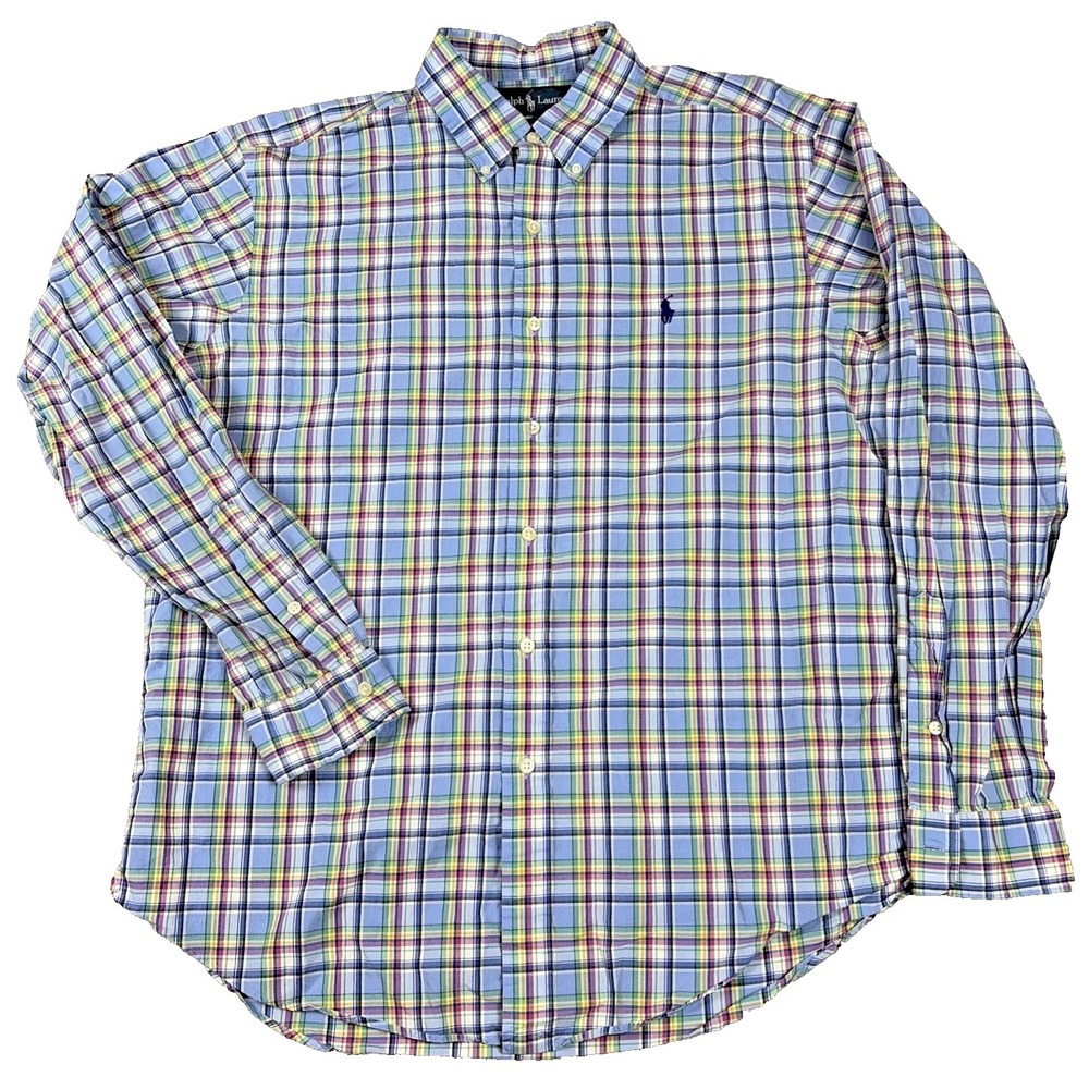 Ralph Lauren Button Down Shirt Mens L Blue Multi Plaid Classic Fit Long Sleeve